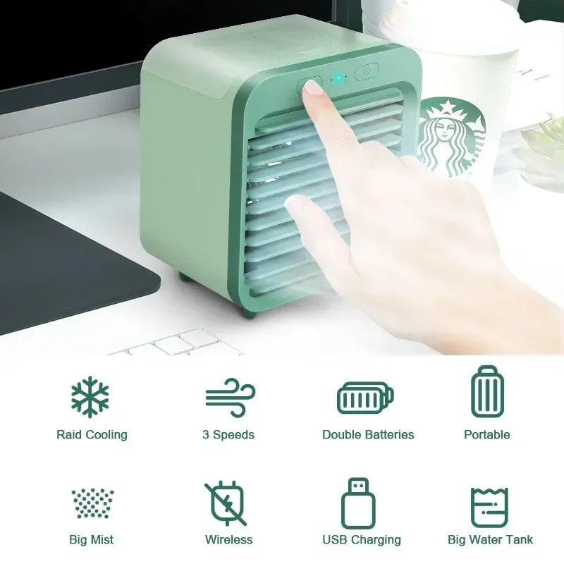 Ventilador Humidificador Portatil Luckima USB, Mini Aire Acondicionado de Sobremesa Recargable con Nebulizador, 3 Velocidades, para Oficina y Hogar