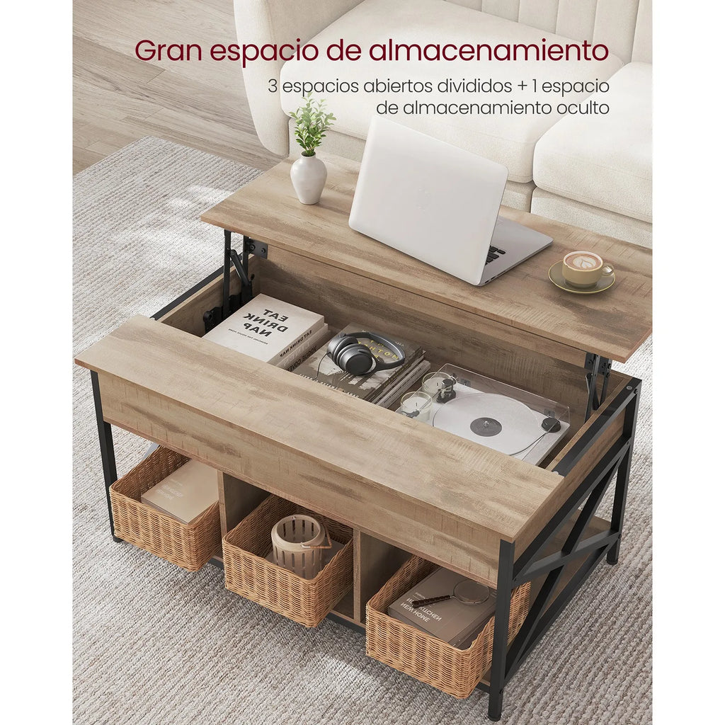 Mesa de Centro Elevable VASAGLE – Tapa Abatible, Almacenamiento Abierto y Oculto, Barras en X, 60×100×(48-62) cm
