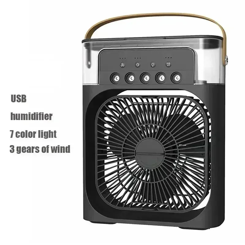 Ventilador 3 en 1 OIMG Portatil, Mini Aire Acondicionado con Humidificador, Luz LED Nocturna de 7 Colores, 3 Velocidades y Nebulizacion para Hogar y Oficina