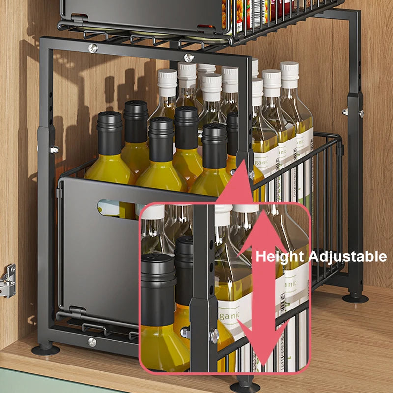 Organizador Extraíble 2 Niveles para Armario y Bajo Fregadero – Acero, Altura Ajustable, Negro