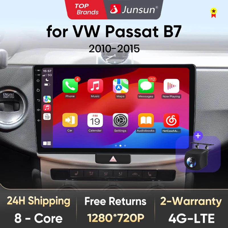 Radio Android Junsun V1 con CarPlay y Android Auto Inalámbrico para VW Passat B6 B7 CC 2010-2015 — GPS 4G 2DIN