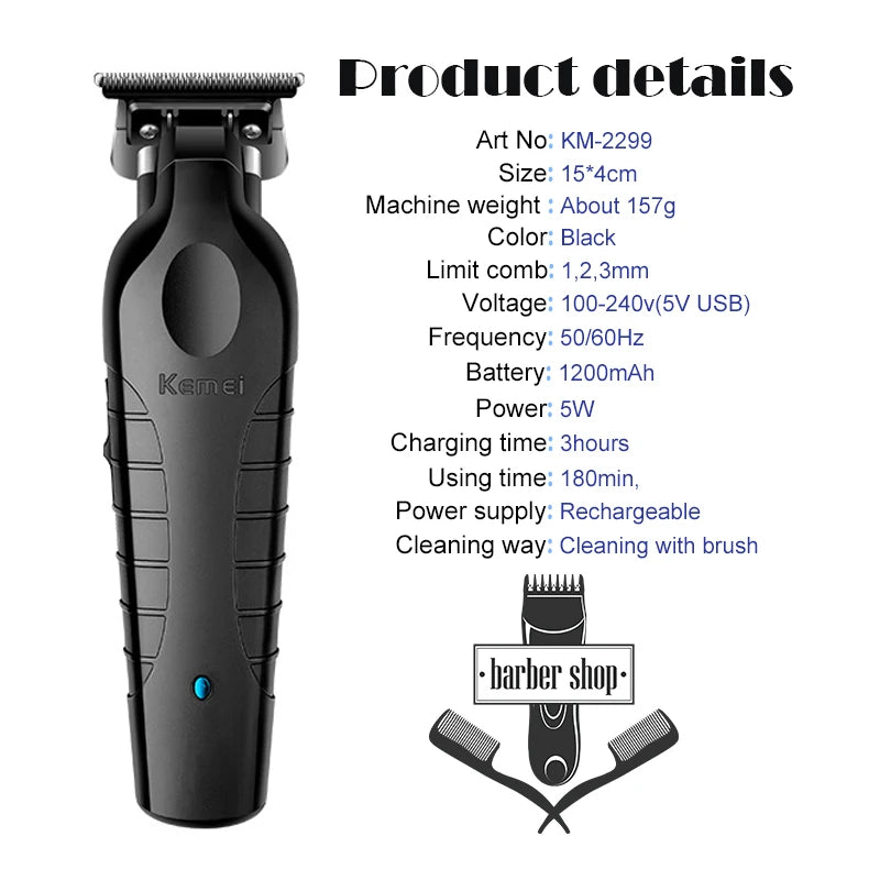 Cortapelos Profesional Kemei KM-2299 – Inalámbrico, USB-C, Cuchillas Acero Inoxidable, 3 Peines
