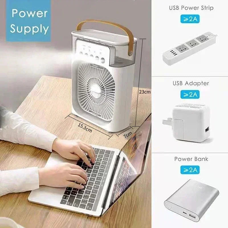 Ventilador 3 en 1 OIMG Portatil, Mini Aire Acondicionado con Humidificador, Luz LED de 7 Colores, 3 Velocidades y 3 Modos de Nebulizacion para Hogar y Oficina
