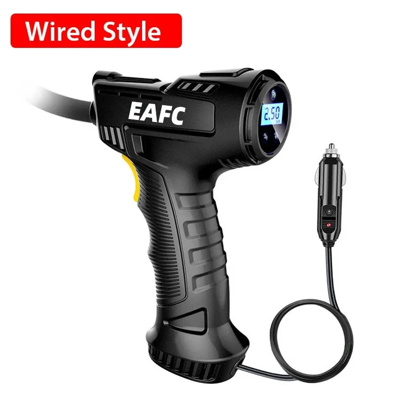 Compresor de Aire Portátil EAFC 120W – Inalámbrico/Cable, Pantalla Digital, Para Coche, Bicicleta y Pelotas